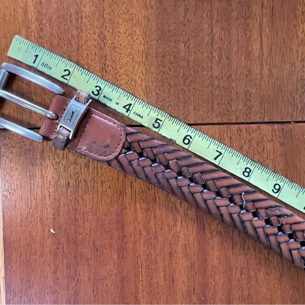 PGA Tour Men's Top Grain Leather Woven Braided Belt Brown Cognac Size 40